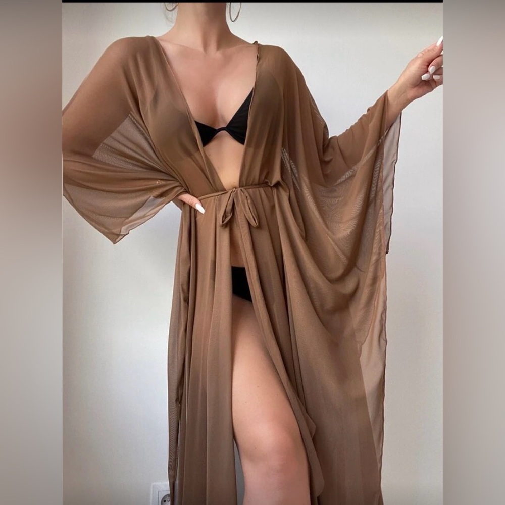 SHEIN Brown Sheer Maxi Swim Coverup with Tie Waist